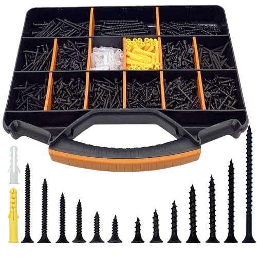 1100PCS Wood Screws Assortment Kit, Drywall Screws, Assorted Wood Screws, Black Wood Screws, Contain 100PCS Anchors and 13 Sizes (2-3/4'', 2'', 1-1/2'', 1-1/4'', 1'', 3/4'', 5/8'') - size: 1000 PCS Screws and 100 PCS Anchors