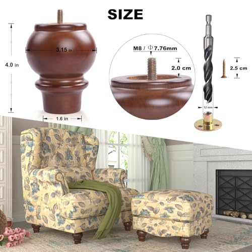 4 Inch Wood Furniture Legs Set of 4, Solid Rubberwood Replacement Legs for Sofa, Couch, Table, Bed, Bench - Wooden Feet (Patas para Mesa) - color: Walnut, size: 4 Inch