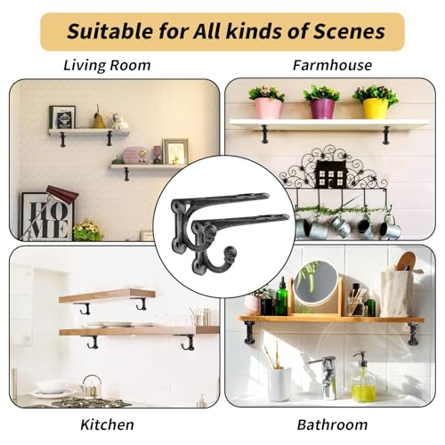 Cast Iron Shelf Brackets 4 Inch, 4 Pack Black Rustic Shelf Brackets with Hooks，Heavy Duty Floating Brackets Wall Mounted, Decorative Brackets for Wood Shelves - size: 4 Pack 4'' Bracket