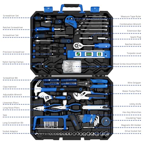 DEKOPRO Tool Set: 228 Piece Home Tool Kit, Household Basic Repair Tool Set Comes with Storage ToolBox, Socket Wrench Set for Car, Hand Tool Box Set for Home - Blue - color: Blue