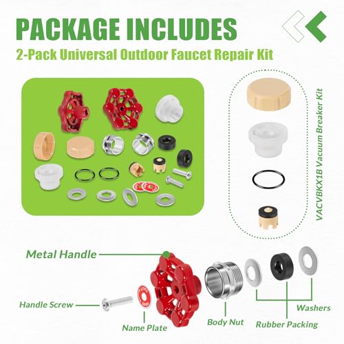ASSE 1019-A Repair Kit for Anti-Siphon Frost-Free Sillcock Valves, Universal Outdoor Faucet Repair Kit Including VACVBKX1B Vacuum Breaker Kit and Metal Handle (2 Pack)