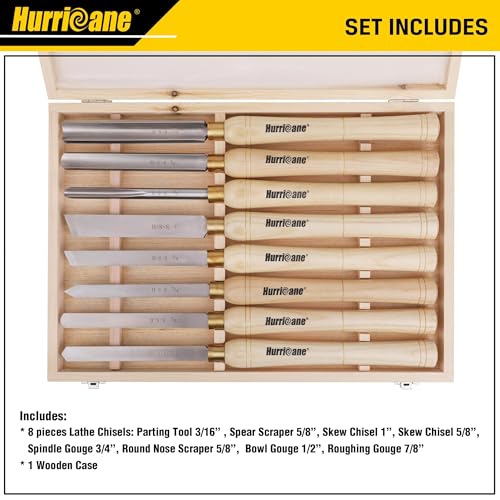 HURRICANE 8pc Wood Lathe Chisel Set, M2 HSS Wood Turning Tools with 10" Solid Hardwood Handles, Lathe Tool Kit for Beginners and DIY Hobbyists, Includes Protective Wooden Box - size: 8 pc with Wood Case