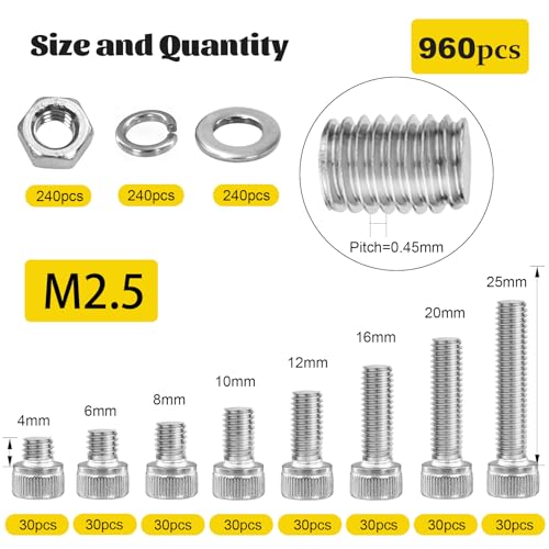 960PCS M2.5 Screws Nuts Assortment Kit, M2.5x4/6/8/10/12/16/20/25 mm - size: SS M2.5 960pcs
