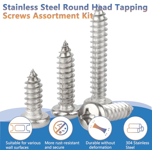 #4# 8#10 Stainless Steel Wood Screws Assortment Kit 175Pcs, Phillips Round Head, 18-8 (304) Stainless Steel, Assorted Sheet Metal Screws, Self Tapping, 4 Sizes (1/2", 3/4", 1", 1-1/2") - size: #4 #8 #10 Kit