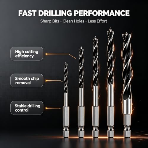 Brad Point Drill Bit Set, 5PCS Wood Drill Bits 1/8"-5/16" with Quick Change Hex Shank - Wood Drill Bit Set Professional for Hardwood, Plywood, Plastic, Ideal for Carpentry, DIY & Woodworking Projects - size: 5pcs1/8-5/16