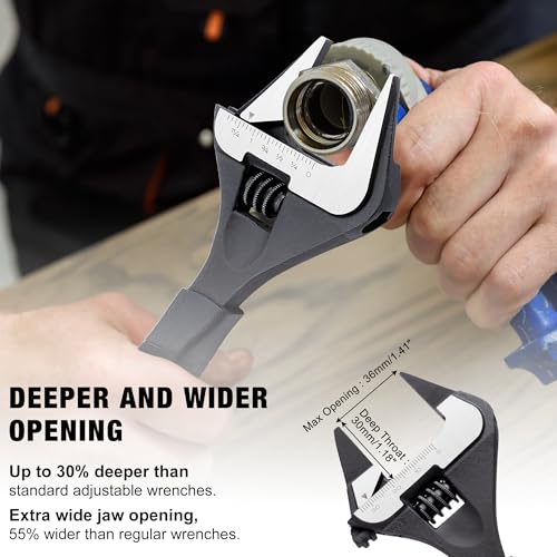 MAXPOWER 8-inch Slim Jaw Adjustable Wrench, Wide Jaw Opening Adjustable Wrench, Dual Scale with Metric and SAE Plumbing Wrenches, Soft Grip Handle - size: 8"