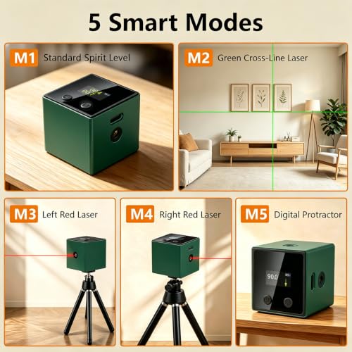 5-in-1 Digital Laser Level with Tripod, Magnetic Base & USB Rechargeable, Mini Angle Finder & Protractor, ±0.1° High Precision Cross Line Laser, Green/Red Beam for Picture Hanging,Tiling & DIY - color: Dark Green