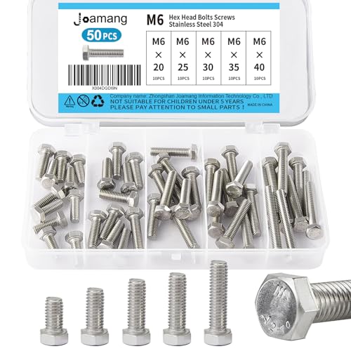 M6 x 20mm 25mm 30mm 35mm 40mm Hex Bolts, Hexagon Head Screws, 304 Stainless Steel(A2-70), Metric Fully Thread, Bright Finish, Assortment Kit 50PCS - size: M6x20-40mm(50PCS)