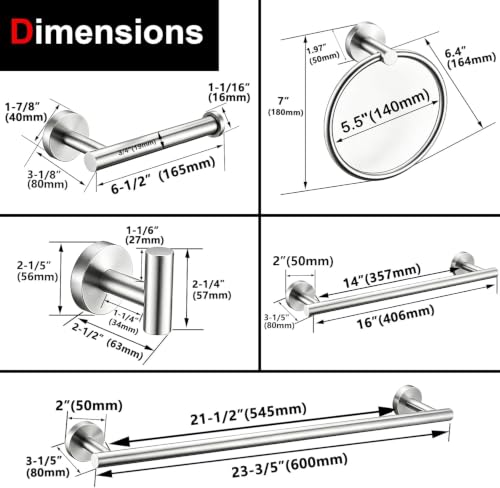 6 Pieces Brushed Nickel Bathroom Hardware Accessories Set Hand Towel Ring 16&23.6 inch Round Towel Bar Silver Toilet Paper Holder Towel Hooks 2 Pieces SUS 304 Stainless Steel,Heavy Duty,Wall Mounted - color: Brushed Nickel, size: 6 piece 24"