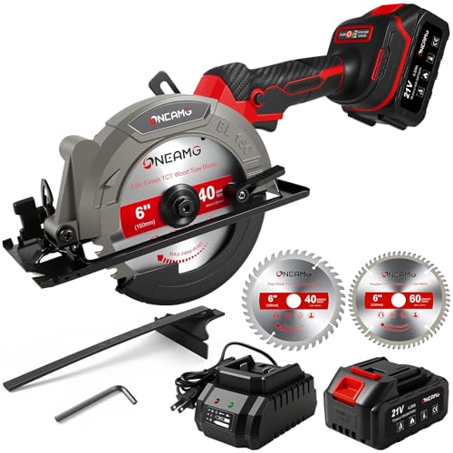 6" Cordless Circular Saw, 21V Compact Wireless Circular Saw, 4.0Ah Battery, 5800RPM, Max Cut 2-1/6" (90°), 1-1/4" (45°),w/40T & 60T Blades,Fast Charger (1Hr),Applicable to Wood,Aluminum & Plastic