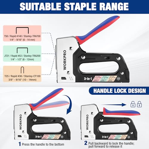 WORKPRO Upholstery Staple Gun, 3-in-1 Heavy Duty Staple Gun with Safety Lock, Includes 3000 pcs Staples, Manual Brad Nailer for Wood, Crafts, Upholstery, Carpentry, Decoration DIY, Furniture
