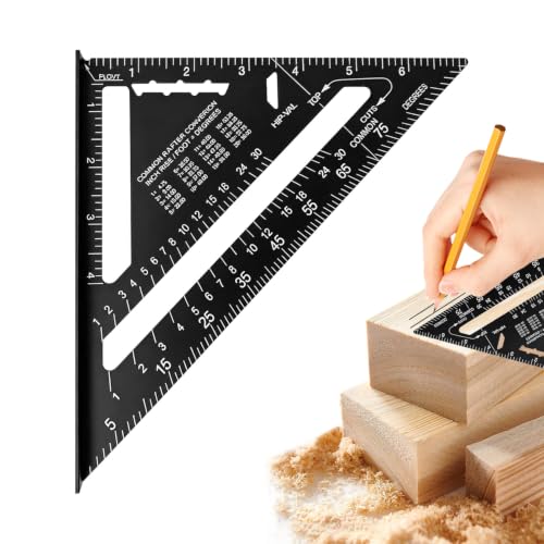 Aluminum Alloy Rafter Square 7 Inch, Carpenter Square Layout Tool with Laser-Etched Scale, Woodworking Triangle Ruler for Carpenters Craftsmen, Multi-Angle Protractor (Black) - color: Black