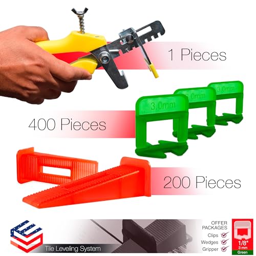 Tile Leveling System (1/8 Inch) – 400 Tile Spacers + 200 Reusable Wedges + 1 Tile Plier – Perfect for Seamless Floor & Wall Tile Installation – 3mm Ceramic & Stone Spacers - color: 400 Spacers + 200 Wedges + 1 Tile Plier