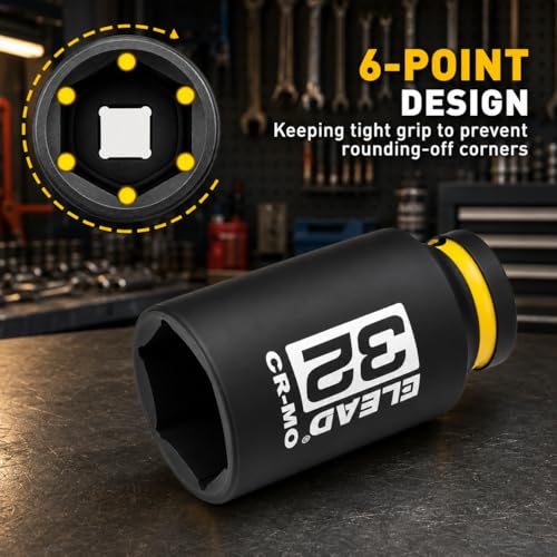 ELEAD 32 mm Socket 1/2" Drive Deep Impact Socket, Metric 6 Point 1/2-inch Drive Impact Axle Nut Sockets, CR-MO Nut Socket Set, Tools for Easy Removal of Axle Shaft Nuts - color: 32mm