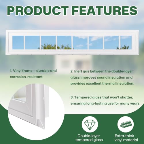 NeatiEase Vinyl Transom Window, 12" x 60" Fixed Glass Household Windows with Grids and Dual-pane Tempered Glass for House, Shed, Doors, Garage, Chicken Coop, Basement (White) - size: 12"x60"
