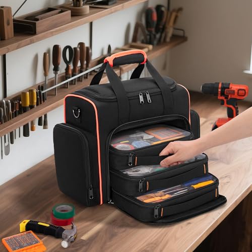 Marscamd Tool Bag with 3 Removable Cases, 2 Layers Tool Tote for Hand Tools - color: Black with Red Binding