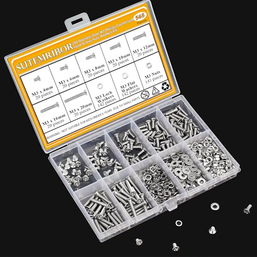 565 Pieces M3 Machine Screws Nuts Washers Set, Sutemribor M3 x 4/6/8/10/12/16/20mm Phillips Countersunk Head Machine Screws Nuts Washers Assortment Kit, 304 Stainless Steel, Fully Threaded - size: M3, style: Phillips Countersunk Head
