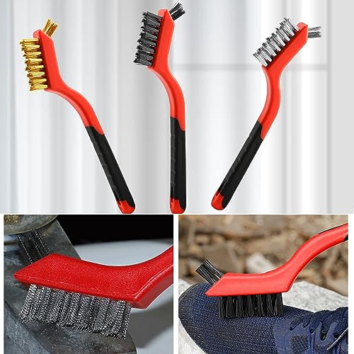 Wire Brush Set (3-Pack) for Precision Cleaning – Brass, Nylon & Stainless Steel Brushes for Rust Removal, Delicate Surfaces & Tight Spaces – 7-Inch Curved Handle - color: 3 PCS RED