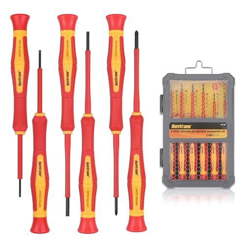 HURRICANE Premium 1000V Precision Insulated Screwdriver Set, 6 Piece S2 Steel Mini Electrician Screwdrivers with SL1.8/2.0/2.5/3.0mm & PH00/PH0, VDE Certified for DIY & Professional Electrical Repair - size: 6 pc Premium Mini VDE Screwdriver Set