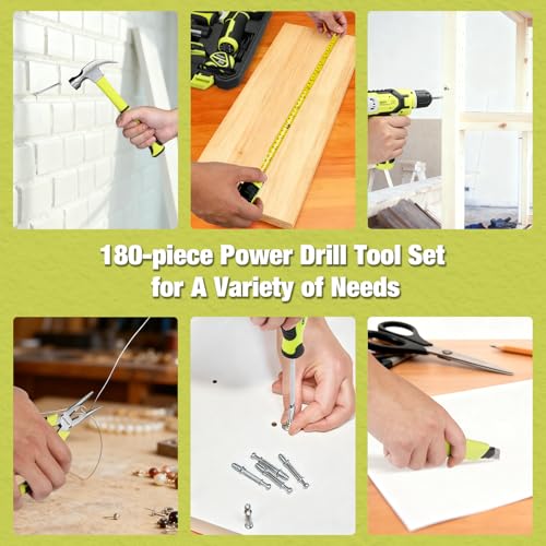 KITLUCK Power Drill Set, 180Pcs Home Hand Tool Kit with 8V Drill, Portable Tool box Kit with Screwdriver, Plier, Wrench, Socket, Harmer, Household Cordless Drill Set for Men Women Home - size: 180Pcs