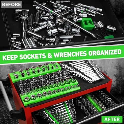 10-Piece Magnetic Socket and Wrench Organizer Set, 1/4", 3/8", 1/2" Drive Metric SAE Socket Organizer, Magnetic Wrench Holder 30 Slots Total, Tool Box Organizers (Sockets Wrenches not Included) - style: 10PCS Organizer Set