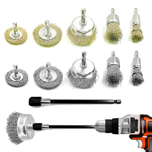Daily Treasures 10 Pack Wire Wheel Cup Brush Set for Drill Abrasive with 1/4" Hex Shank,Extension Rod for Safty,Brass Coated Crimped Drill Sanding Attachment，Metal Brush for Drill Rust Removal