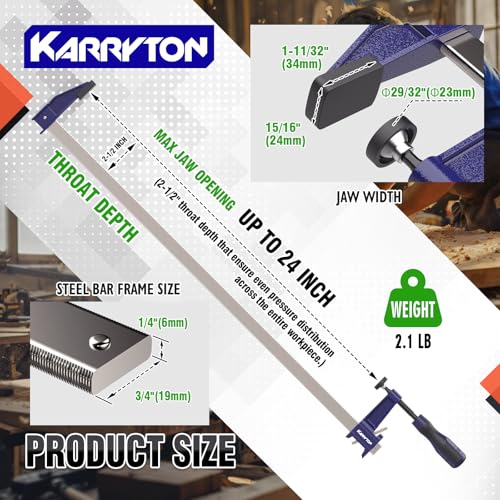 2-Pack Steel Bar Clamps 24 Inch, Quick-Adjust F-Clamps with 2-1/2" Throat Depth, 600LBS Load Wood Clamps for Woodworking, Metalworking, and DIY Projects - size: 24-IN
