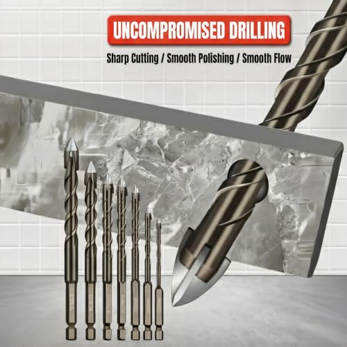Carbide Tip Tile Drill Bit Set, 7 Piece Cross Head with Hex Shank, 3-12mm, for Ceramic, Glass, Concrete, Brick, Wood, Plastic