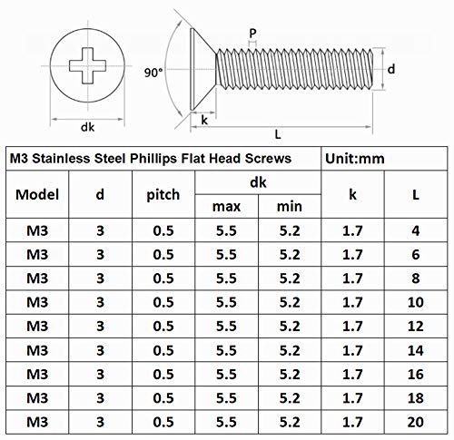 300Pcs Metric M3 Stainless Steel Phillips Countersunk/Flat Head Machine Screws Nuts Assortment Kit- M3x 4mm/ 6mm/ 8mm/ 10mm/ 12mm/ 14mm/ 16mm/ 18mm/ 20mm - size: M3