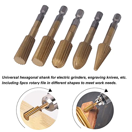 5Pcs Rotary File Cutting Burrs, Hex Shank Double Cut Metal Grinder Drill Bit Set High Speed Steel Rotary File Set
