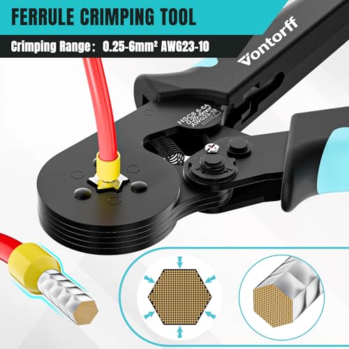 Ferrule Crimping Tool Kit，Wire Ferrules Crimper Kit with 1400PCS Electrical Pin Terminal Ends Ferrell Connectors，HSC8 6-6A Crimp Pliers Gauge Awg 23-10 Hexagonal Ratcheting Pliers Set Car Audio