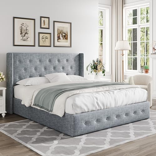 Allewie Full Size Lift Up Storage Button-Tufted Bed Frame Blue Grey - color: Blue Grey, size: Full, style: Traditional