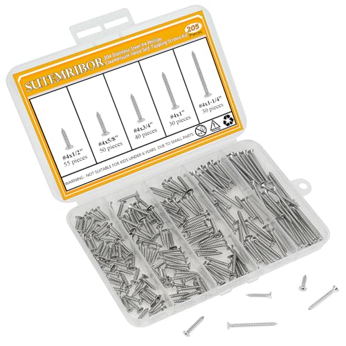 205 Pieces #4 x 1/2" 5/8" 3/4" 1" 1-1/4" Wood Screws Set, Phillips Countersunk Head #4 Self-Tapping Screws Assortment Kit, 304 Stainless Steel - size: #4, style: Phillips Countersunk Head