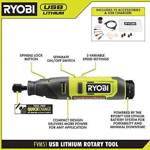 RYOBI USB Lithium Rotary Tool KIT with 2.0 AH USB Lithium Battery and Charging Cable FVM51K