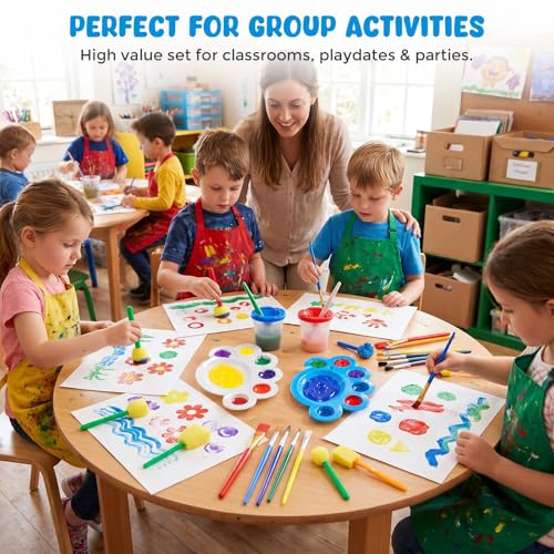 BigOtters 45PCS Kids Paint Brushes Set with Spill Proof Cups & Palettes
