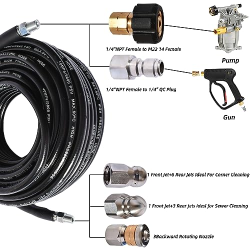 Sewer Jetter Kit for Pressure Washer 5800 PSI Drain Cleaner Hose 1/4 Female NPT,Button Nose,Pressure Washer Adapter,Button Hose Sewer Jetting Nozzle Pearl Corsage Pin Waterproof Tape with 2 Spanner - size: 100FT