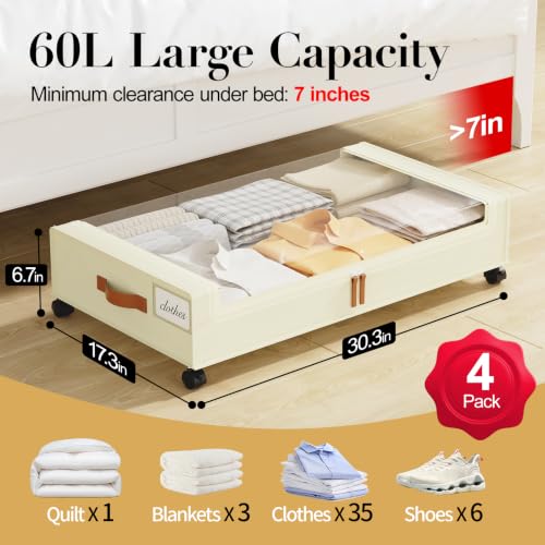 Yecaye 60L Under Bed Storage with Wheels, 4 Pack, Beige - color: Beige, size: 4 Pack