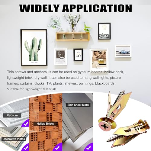 60 Pcs Self Drilling Drywall Anchors Kit, 3 Sizes, No Drill, Holds Up to 50 lbs, for Gypsum Wallboard, Drywall, Wall Lights, Picture Frames, Curtains, Clocks