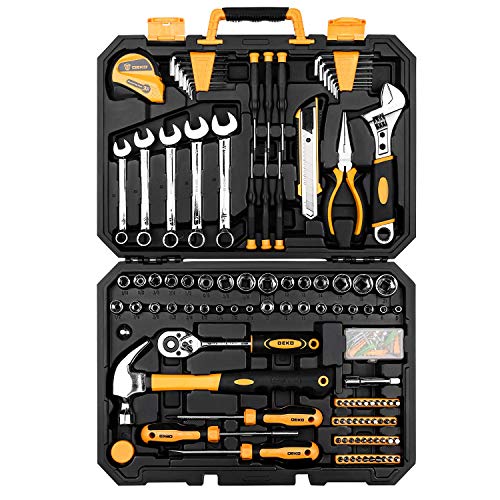DEKOPRO 158 Piece Tool Set-General Household Hand Tool Kit,Auto Repair Tool Set, with Plastic Toolbox Storage Case - color: Yellow