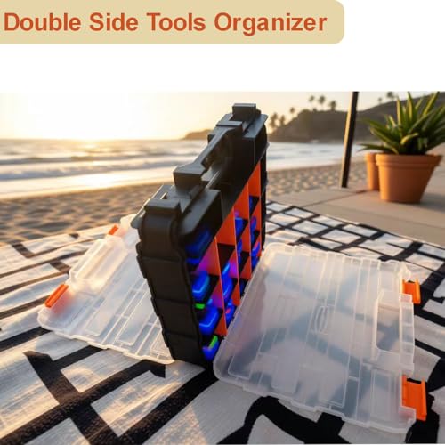 Double Side Tools Organizer, Plastic Tool Box, 34-Compartment, Double Side Storage Case Tools Box with Removable Dividers for Screws, Fishing Accessories,Bolts, Nails, Beads, Jewelry & More