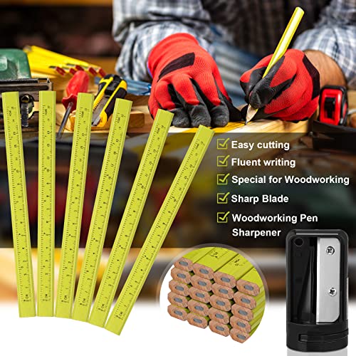 Honoson 200 Pcs Flat Construction Pencils with Printed Ruler Wood Graphite 2 Pcs Carpenter Pencil Sharpener for Woodworking Marking Tool(Yellow) - color: Yellow