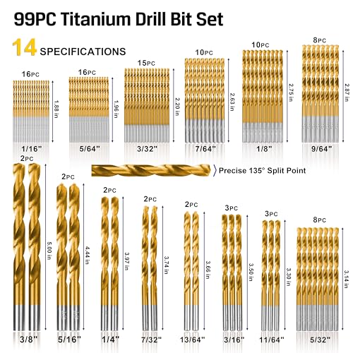 99 Pieces Titanium Twist Drill Bit Set, 135° Tip High Speed Steel, Size from 1/16" up to 3/8", Ideal Drilling in Wood/Cast Iron/Aluminum Alloy/Plastic/Fiberglass, with Hard Storage by HURRICANE - size: 99 Piece Twist Drill Bits Set 135°