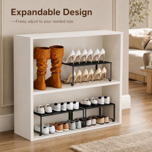 Extendable Metal Wire Shelf Organizer - Adjustable 15-24.4in Length, Stackable Storage Rack for Kitchen/Pantry/Bathroom/Shoe Cabinet/Tool Closet (2,Black) - color: Black, size: 2 Pack