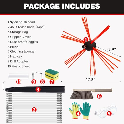 Chimney Sweep Kit - 46 Feet, Chrome Button Locking System, 14 Flexible Rods - size: 46 FT