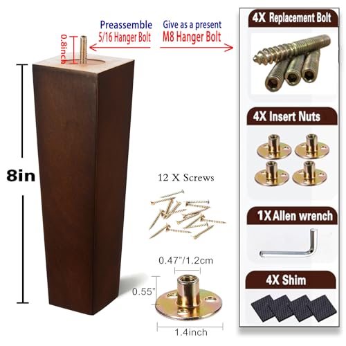 SHANJUE 8 Inch Wood Couch Legs 1500lbs Heavy Duty Square Furniture Feet 4PC - size: 8 inches