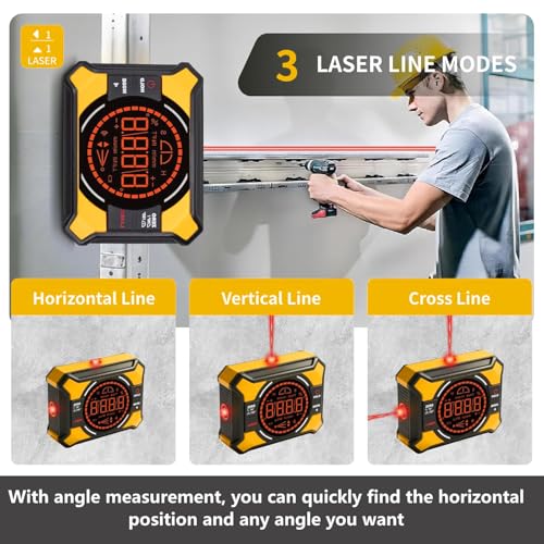 Digital Magnetic Angle Gauge with Laser, (Class 2, 1mW Power Output) 3-in-1 Mini Angle Finder, Rechargeable Digital Level with Backlit LED Display, Inclinometer Protractor for for Woodworking Yellow