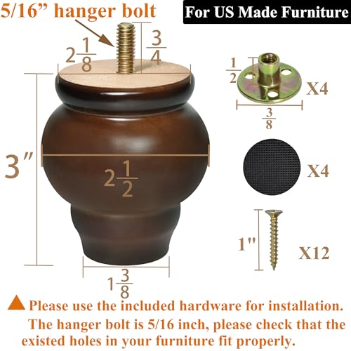 Furniture Legs, Wood Sofa Legs, Turned Couch Legs, Round Furniture Feet for Dresser, Sideboard, Recliner, Coffee Table (Dark Brown, 3 inch) - size: 3 inch