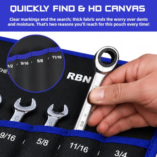 2 Pack Wrench Organizer Roll Up Pouch (10 SAE & 10 Metric Labeled Pockets)