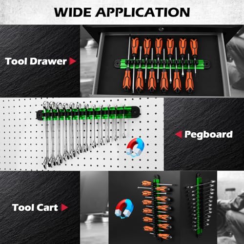Magnetic Screwdriver Organizer and Wrench Organizer, 14-Slot Screwdriver and Wrench Holder, Magnetic Aluminum Rail Tool Organizer for Tool Box Drawer Wall-Mount Storage, Green (Tools not Included) - style: 1-Pack Green (14-Slot)