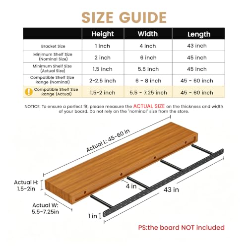 2pcs Floating Shelf Bracket Heavy Duty,Decorative Floating Shelf Hardware Hidden Black Metal Fireplace Mantel Brackets Without Jig (43"X4"X1.0" Without Tools) - size: 43"X4"X1.0"